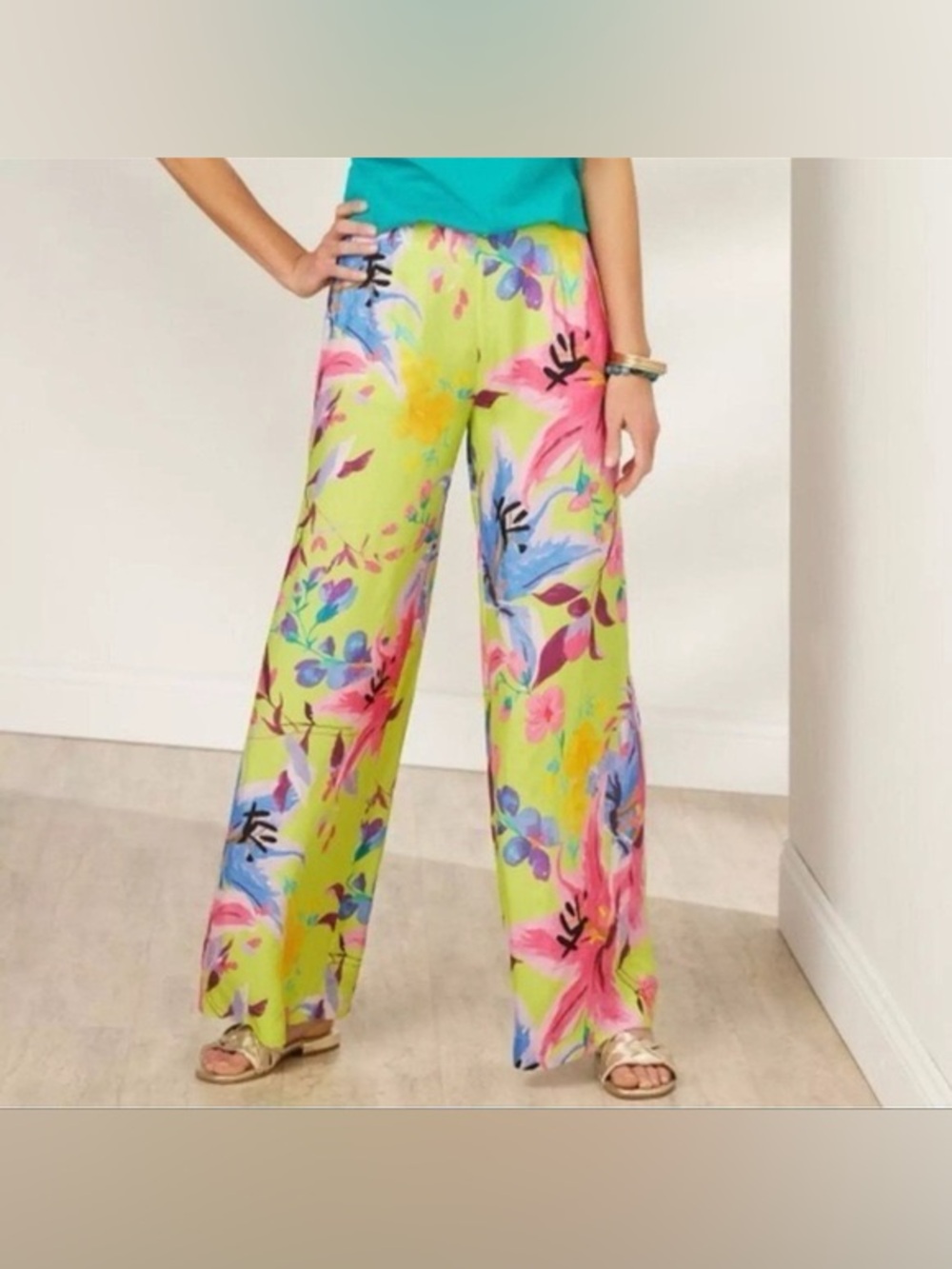 Soft Surroundings Chartreuse Floral Florian Palazzo Pants Size Medium